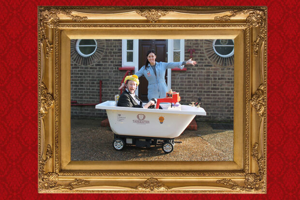 Alex Horne and Ruth Amos with the  Task Firing Drivable Bath.