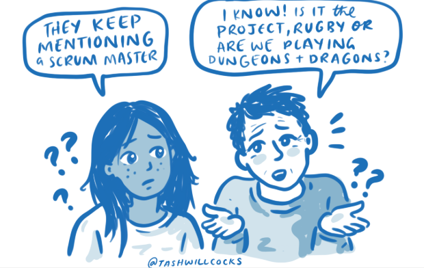 A cartoon of a puzzled woman and man. She says 'They keep mentioning a scrum master'. He shrugs and says 'I know! Is the project, rugby or are we playing Dungeons and Dragons?'