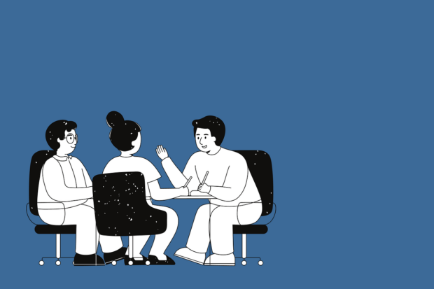 A cartoon of 3 people sat around a table having a business discussion.