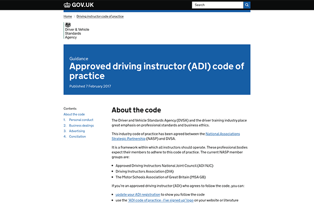 A screenshot of the ADI code of practice on the GOV.UK website