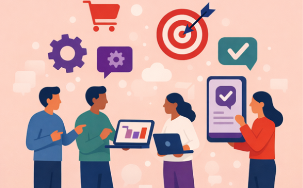 An AI-Generated illustration of 2 men and 2 women holding various electronic devices. There are symbols of idea clouds, a shopping trolly, a target and a green tick above them.