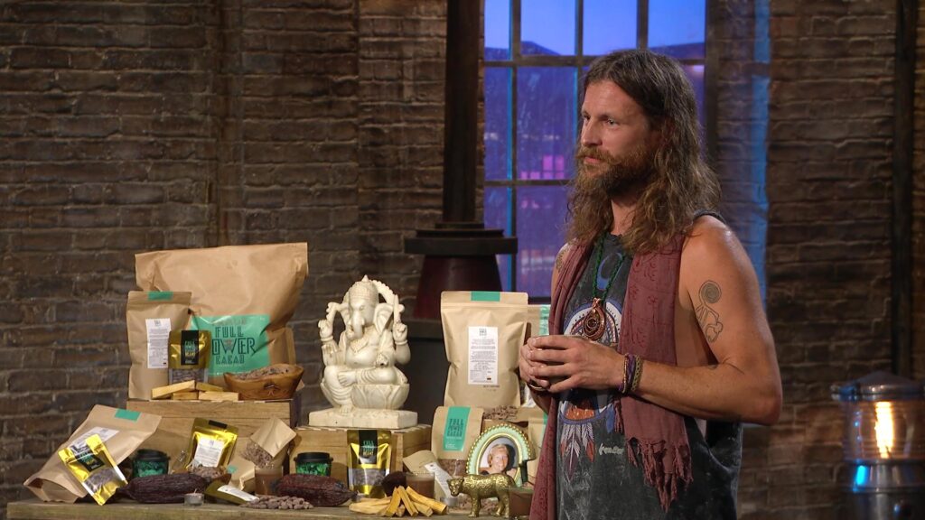Business owner, Liam Brown introduces his company Full Power Cacao to the Den.