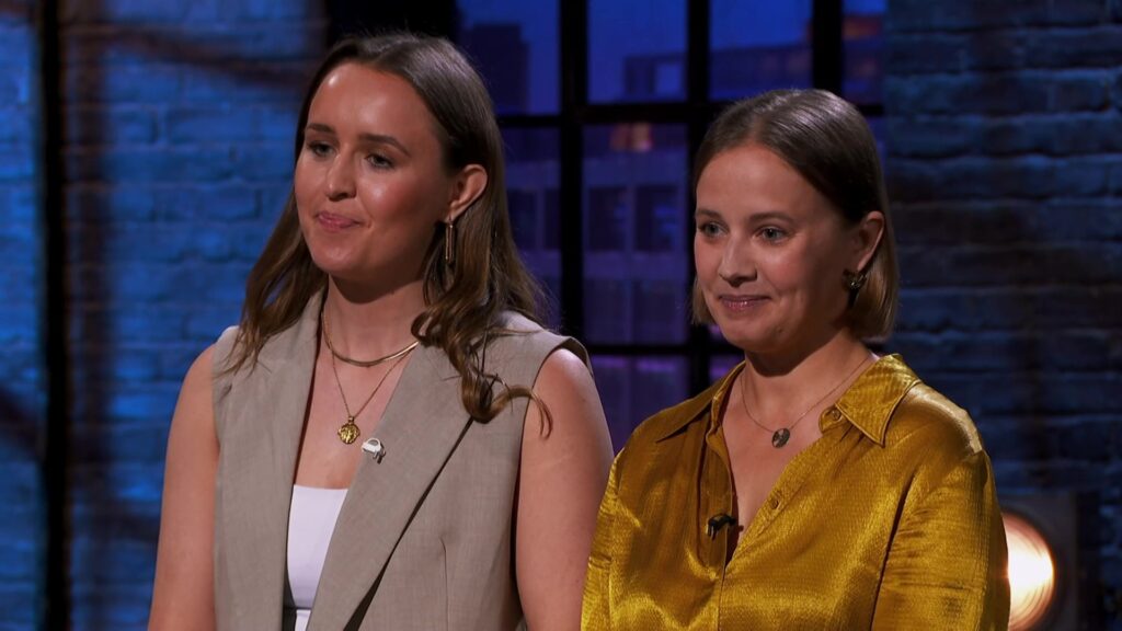Bethan Higson and Alice Galsworthy presenting their business Mother Root to the Dragons.