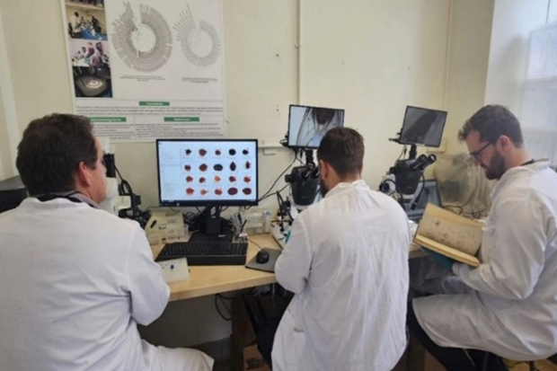 Three male scientists wearing white laboratory coats in a laboratory with microscopes, books and computer screens.