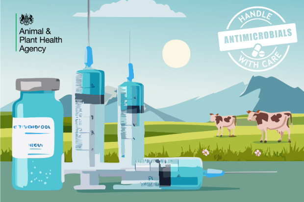 Image of some syringes and a vial in front of a field with cows. The APHA logo is displayed and the World AMR Week slogan, "Handle antimicrobials with care" is also shown.