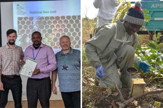 Two images - left stand three males (the middle man is holding a certificate), right is an image of a man kneeling down in leaves in front of a metal cylinder