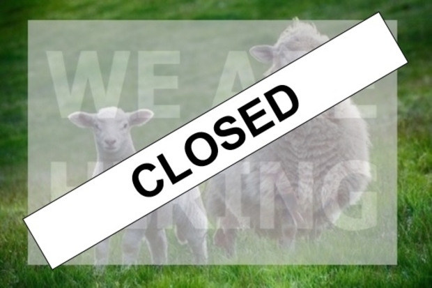 Text 'closed' across image of two sheep with the words 'we are hiring'.