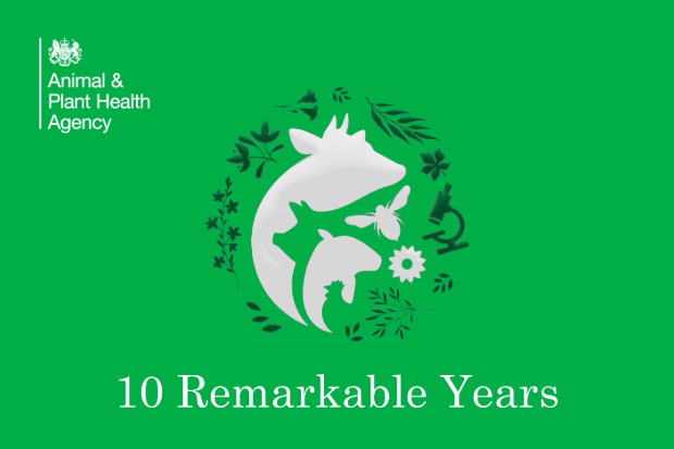 Logo depicting farm animals, a bee, plants and a microscope above the text, "10 remarkable years" alongside the APHA logo.