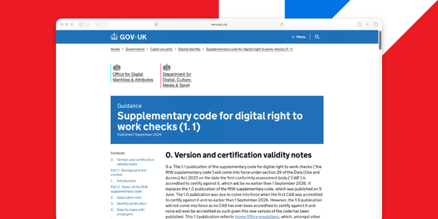 Image of the 1.1 version of the right to work supplementary code webpage