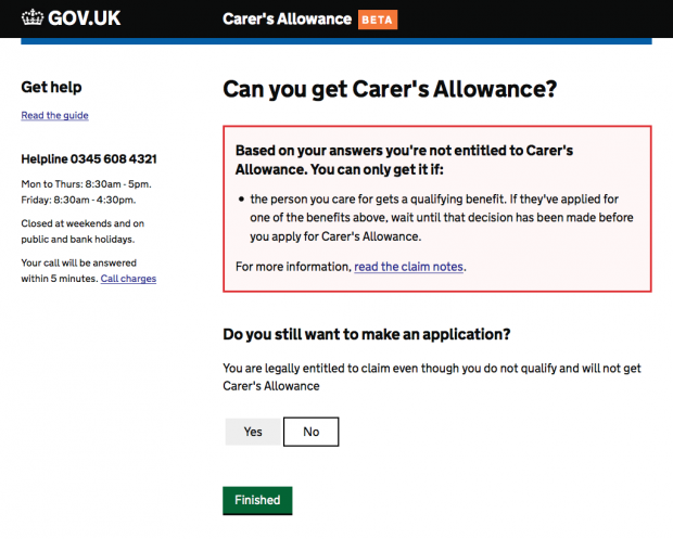 Can you get Carer's Allowance page with message that the user isn't entitled to carers allowance
