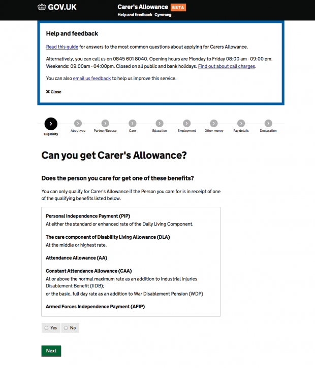 Carer's Allowance service does the person you care for get one of these benefits? question page
