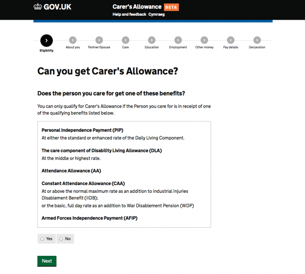 Carer's Allowance service 'Help and support' page
