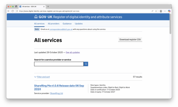 A screenshot of the all services view
