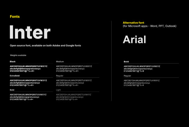 Page from the D102 brand guidelines refresh showing the primary Inter font and Arial as the alternative font.