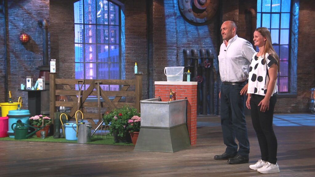 Jason and Belle Robinson demonstrate their water-saving device Sealstop in the Den.