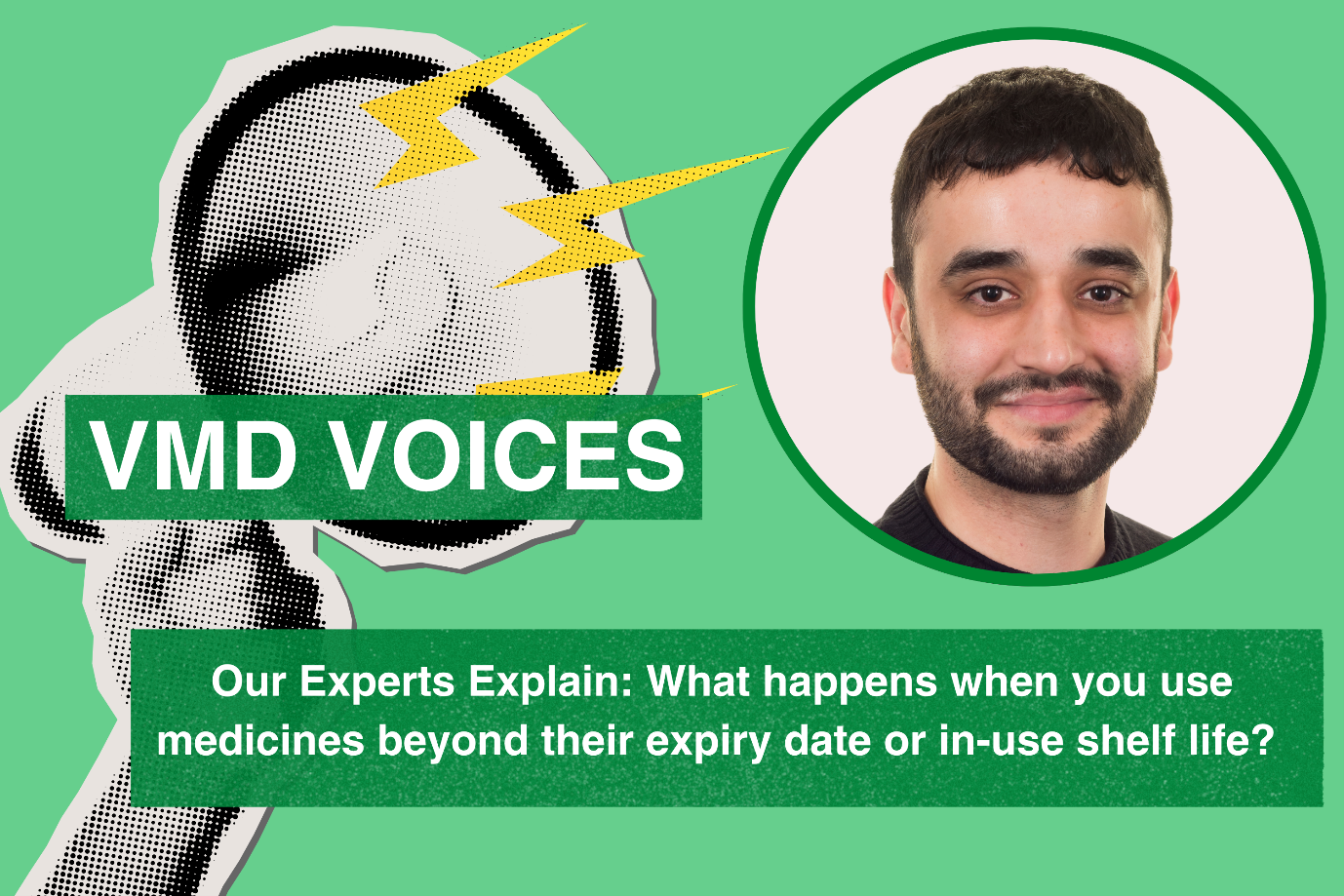 VMD Voices
Our Experts Explain: What happens when you use medicines beyond their expiry date or in-use shelf life?
Decorative image of loudspeaker and photo of author on green background.