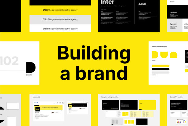 Building a Brand collage using examples from D102's recent brand guidelines refresh