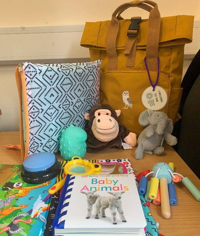 A brown bag is pictured next to small toys in the form of a gorilla, an elephant and a book of baby animals.
