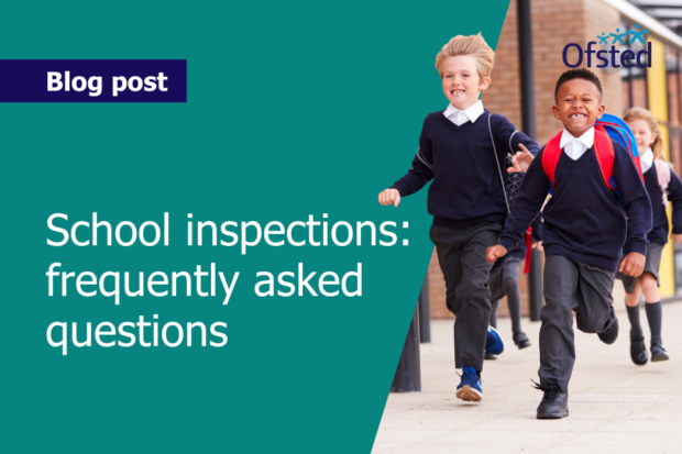 Text reads: 'School inspections: frequently asked questions'. An image of two primary-school-age boys running towards the camera in a playground.