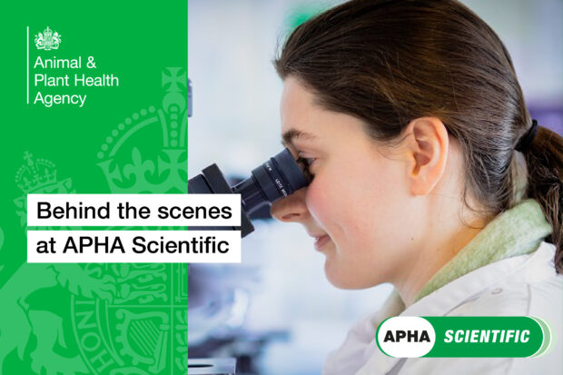 Image of a female looking into a microscope with the text, "behind the scenes at APHA Scientific". The APHA logo appears, as does the APHA Scientific logo.