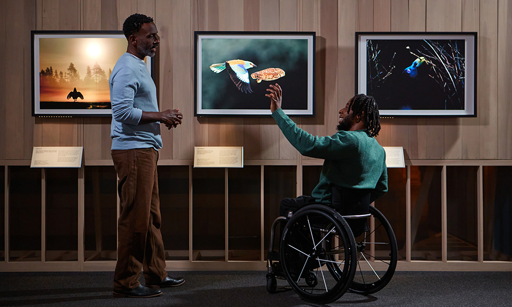 Two men, one of them on a wheelchair, talk in front of three pictures of our Wildlife Photographer of the Year