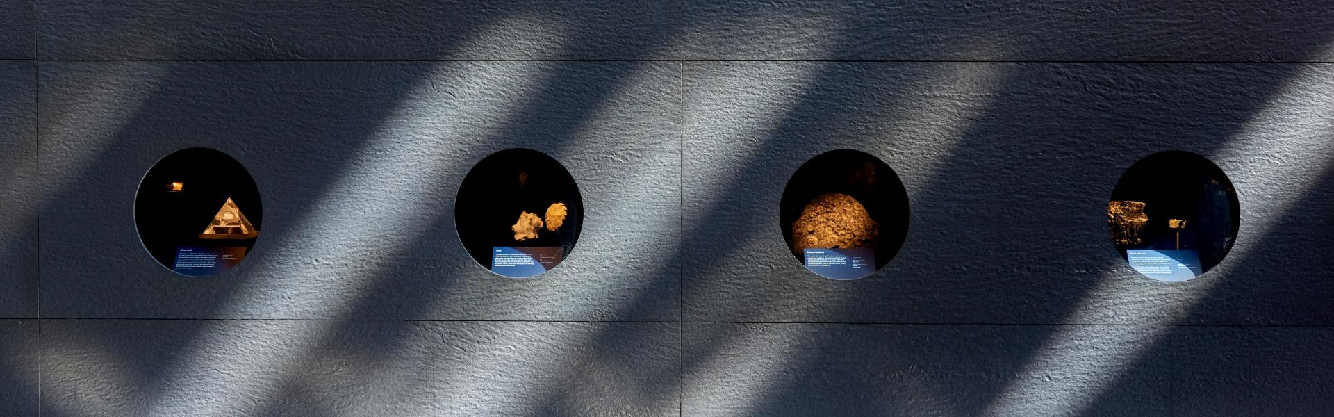 A photograph of the display in the museum's Earth Hall. Four specimens can be seen through circular displays in the wall.