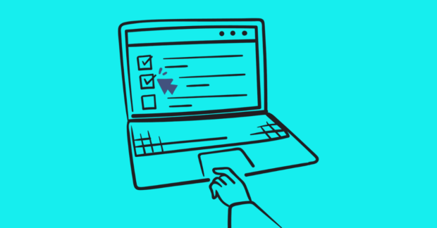 doodle image of a laptop displaying a hand ticking multiple boxes on the laptop screen.