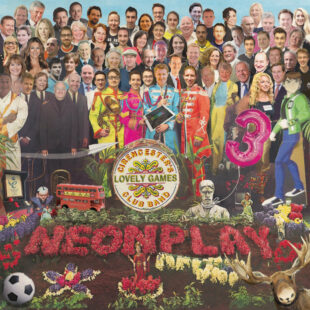 Invitation to Neon Play's celebration party in the style of the Sgt. Pepper's Lonely Hearts Club Band album cover.