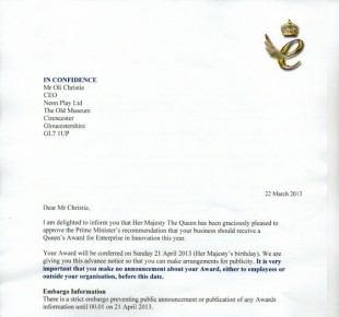 Letter announcing Neon Play has won a Queen's Award for Enterprise.