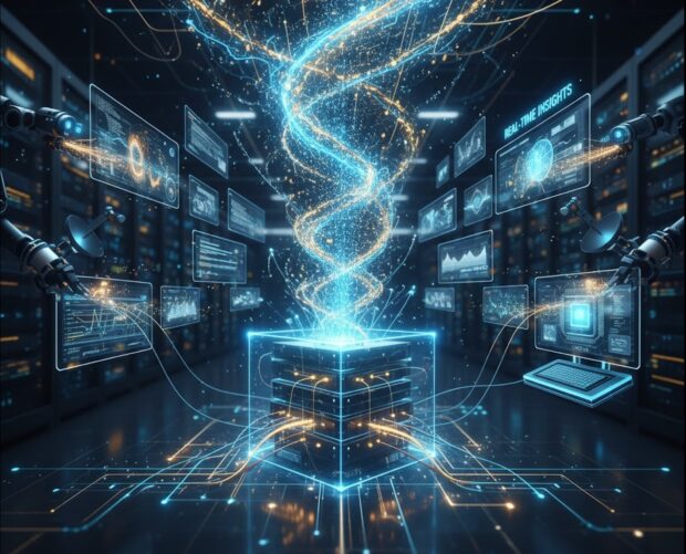 Digital illustration of hyper-fast data processing in a server room, showing a glowing blue and gold double helix of data funneling into a central processing cube, surrounded by holographic screens displaying real-time analytics.