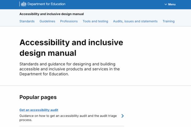 Homepage of the Department for Education accessibility and inclusive design manual