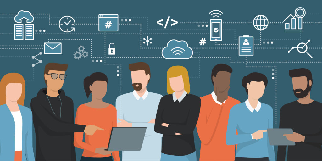 Graphic - Young developers and IT professionals working together and network of concepts