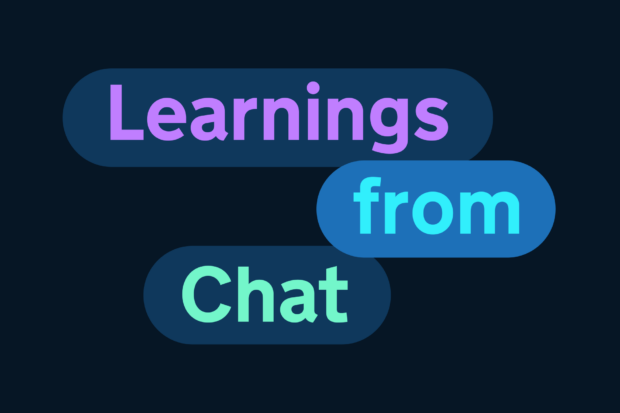 Three rounded rectangle shapes against a dark blue background. The shapes contain the text "Learnings from Chat"