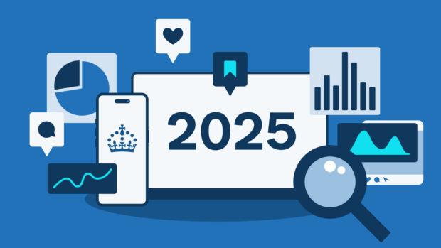 A computer screen showing the numerals 2025, with a phone screen displaying the GOV.UK crown, graphs, social media engagement icons and a magnifying glass against a blue background.