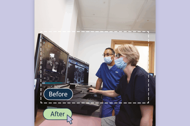 Composite image featuring an original photo at the centre (labelled ‘before’) of nursing staff using a computer, surrounded by an image extension using an AI ‘generative fill’ that has included a desk and office background (labelled after).