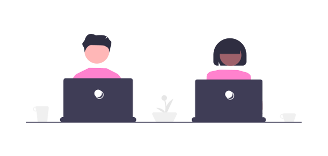 An illustration of two individuals sitting side by side, each working on a laptop. The person on the left has short hair, and the one on the right has shoulder-length hair. Both are wearing pink tops. A small plant is placed between them, with coffee cups next to each laptop.