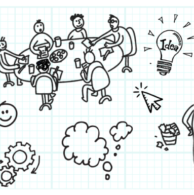 cartoon drawing of people sat around a table working