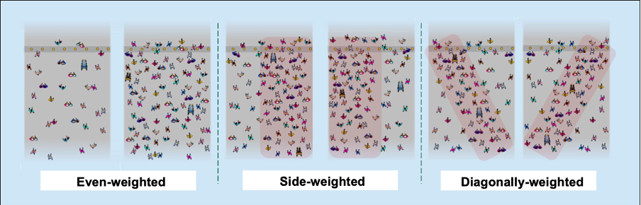 Three pairs of images showing examples of even-weighted, side-weighted, and diagonally-weighted.