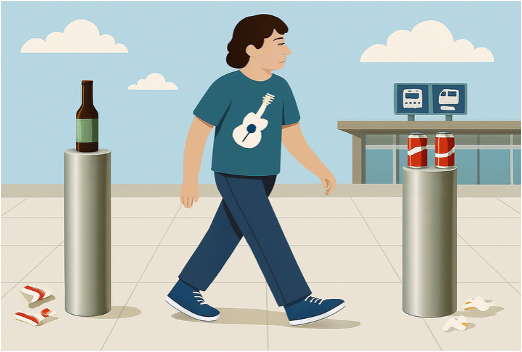 Illustration of someone walking between bollards with litter on and around the bollards.