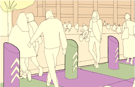 Illustration of people walking between sloped top bollards