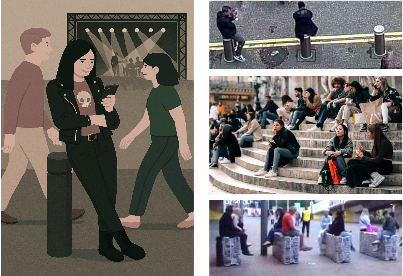 One illustration and three images showing people leaning, sitting and grouping on and around bollards, stairs and concrete barriers