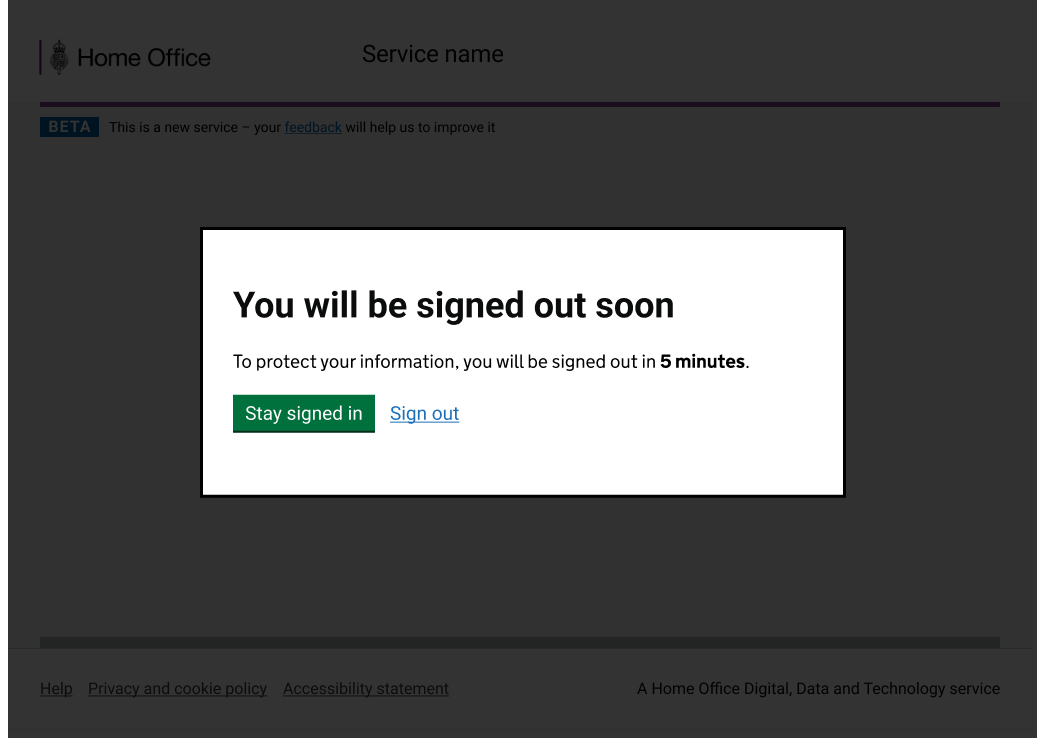 An example of a modal dialog which warns users the service will time out.