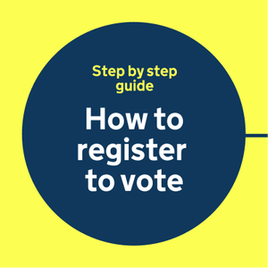 Text "How to register to vote", above is smaller text for the topic "Step by step guide", all within a dark blue circle on a yellow background.