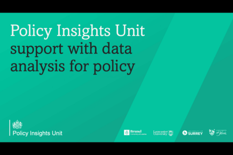 White and black text on a green background reading 'Policy Insights Unit: support with data analysis for policy'.