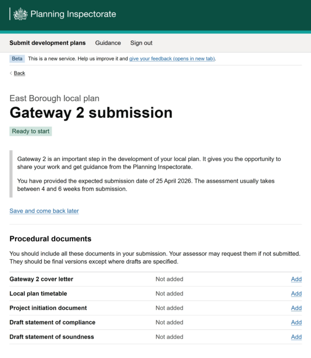 A prototype page from the Submit Development Plans digital service