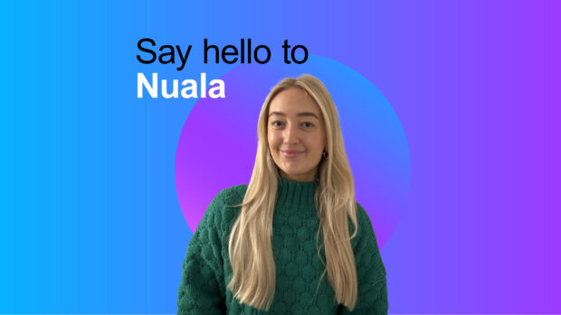 Girl smiling with green jumper on against a pink to blue gradient and the words 'Say hello to Nuala'