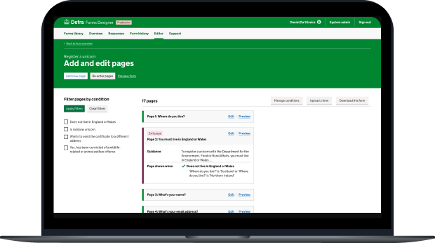 A mock-up of a laptop screen showing the user interface for the Defra Forms Designer.